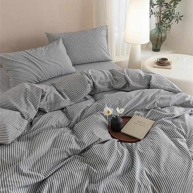 JIYUAN 100% Washed Cotton Striped Duvet Cover Set 3 Pieces King, 1 Duvet Cover and 2 Pillowcases(Comforter Not Included),Linen Like Comfy and Breathable,Pinstripes-Heathered Dark Grey White