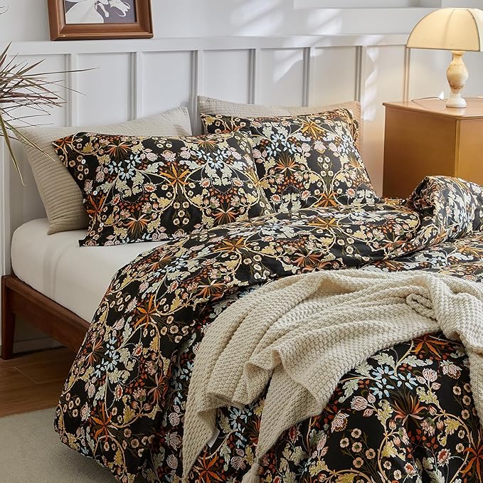mixinni Duvet Cover Full Size, Cotton Percale Farmhouse Bedding Sets Soft Aesthetic Flowers Plants Comforter Cover for All Season, 3 Pieces Cute Floral Bedding Comforter Set for Women-Full Size
