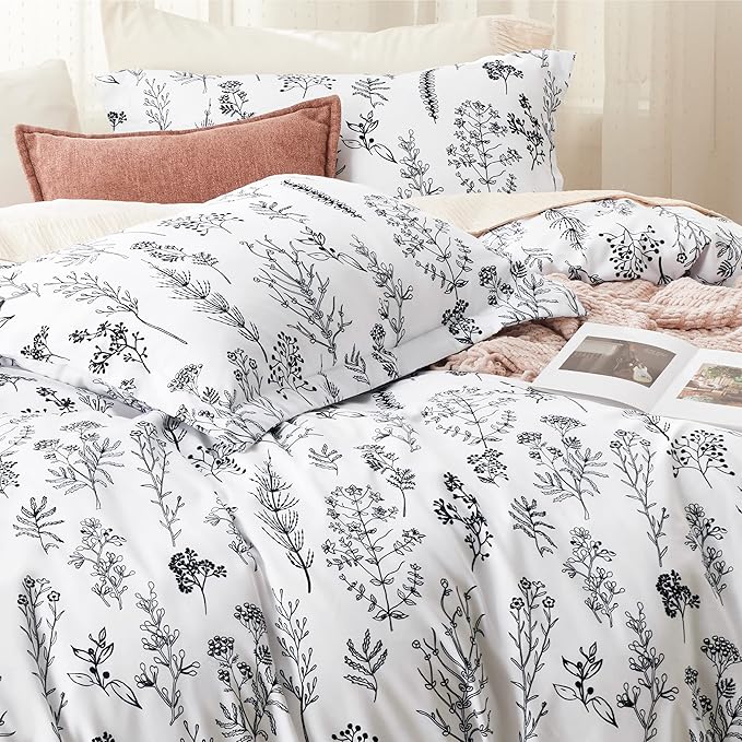 Bedsure Duvet Cover Queen Size - Reversible White Queen Duvet Cover Set with Zipper Closure, 3 Pieces Floral Patterned Bedding Set with 8 Corner Ties and 2 Pillow Shams