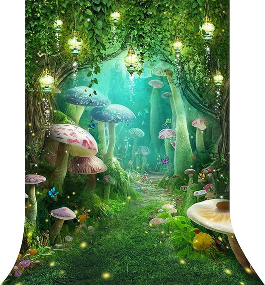 Riyidecor Enchanted Backdrop Polyester Fabric Greenery Garden Wonderland Fairy Tale Mushroom Butterfly Woodland Plant 5W*7H Feet Fantasy Photography Background Birthday Photo Studio Shoot