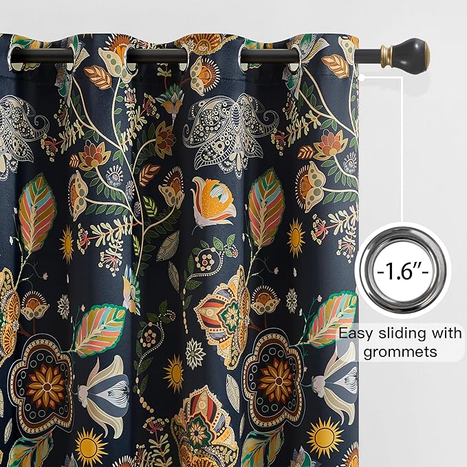 XiDi Navy Blue Vintage Floral Patterned Blackout Curtains 84 Inches Long for Bedroom Living Room 2 Panels Thermal Insulated Luxury Modern Curtains Dark Botanical Leaf Printed Design Grommet Drapes