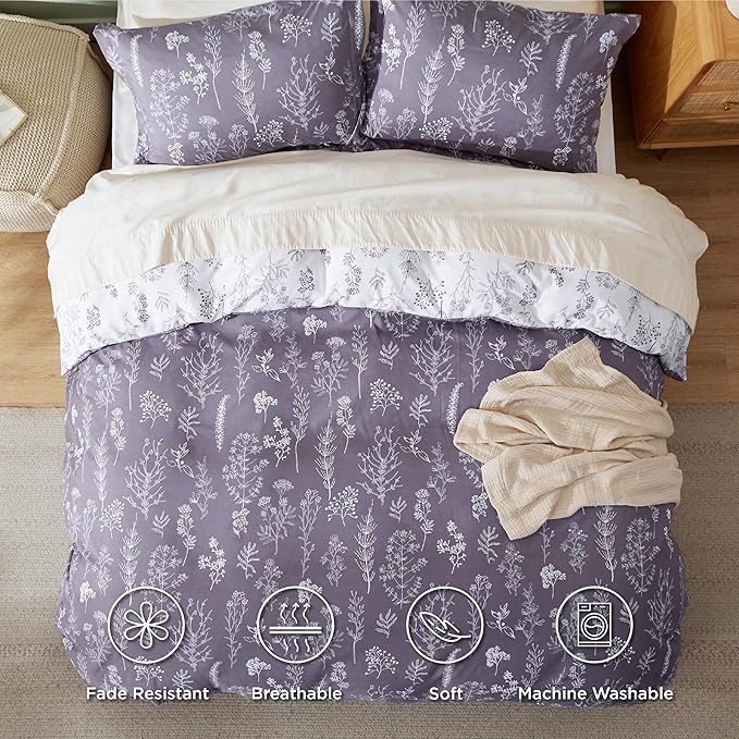 Bedsure Duvet Cover King Size - Reversible Grayish Purple King Duvet Cover Set with Zipper Closure, 3 Pieces Cute Floral Patterned Bedding Set with 8 Corner Ties and 2 Pillow Shams