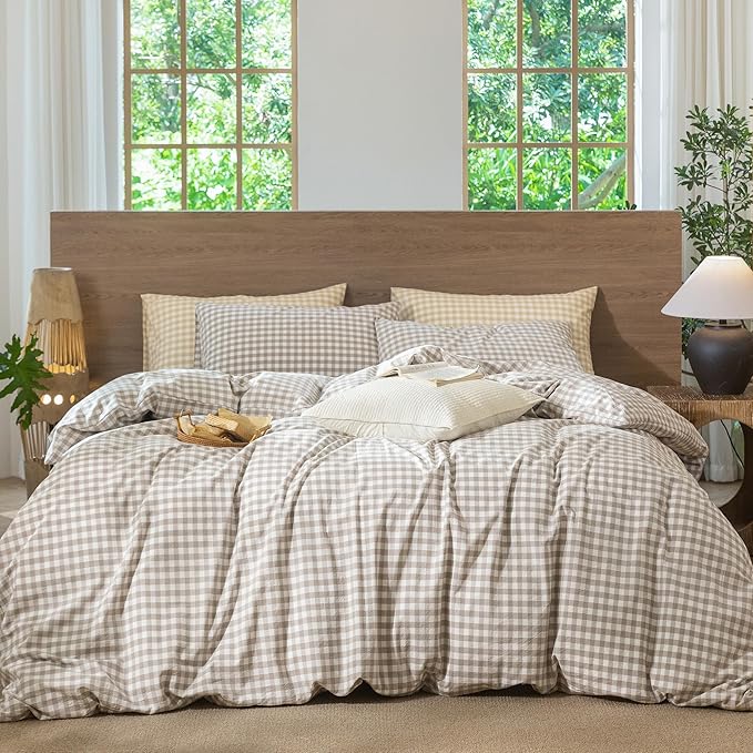MooMee Gingham Duvet Cover Set 100% Washed Cotton Linen Like Textured Breathable Durable Soft Comfy Modern Checkered Design (Tannish Linen Grey Gingham, Super King 108"x98")