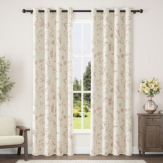 ChrisDowa Beige 100% Blackout Floral Curtains 72 Inches Long 2 Panels for Bedroom Living Room Brown Flower Patterned Room Darkening Thermal Insulated Soundproof Grommet Window Treatments Drapes,52X72