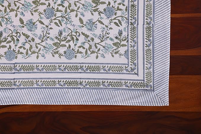 ATOSII Mahoka Blue 100% Cotton Rectangle Spring Tablecloth, Handblock Floral Linen Table Cloth for Kitchen Dining Table I Parties Weddings Outdoors Easter Home Decor 72 X 140 Inches I 12 Seater
