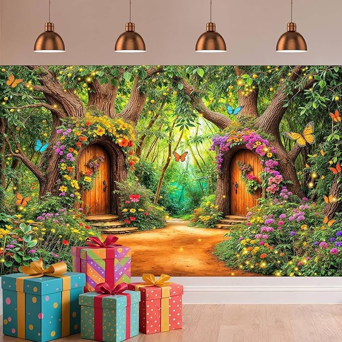 5X3ft Enchanted Forest Backdrop Fairy Tale Green Garden Wonderland Tree House Floral Butterfly Background for Kids Girl Baby Shower Birthday Party Decoration Banner Cake Table Photo Booth Props