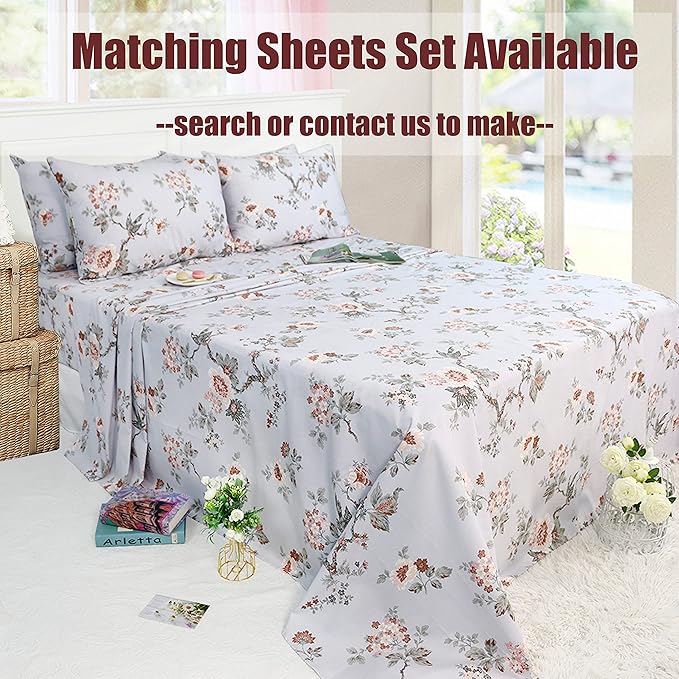 FADFAY Duvet Cover Set Twin XL Elegant Floral College Bedding Shabby Grey Bird Print Flower Quilt Cover Set 100% Cotton Soft Comforter Cover Set with Zipper Closure 3Pcs, Twin XL Size for Dorm Room