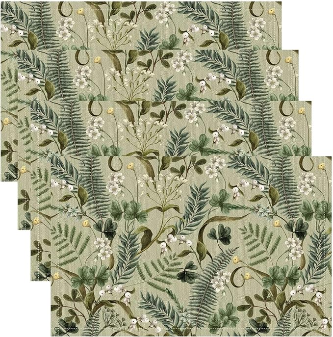 Retro Plant Placemats Set of 6, 17x12 Inch Green Leaves Retro Elegant Nature Plant Aesthetic Table Mats for Home Party Kitchen Dining Decor