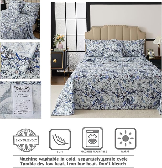 FADFAY Sheets Set Twin Botanical Bird Floral Bed Sheets Set Vintage Blue Farmhouse Bedding Shabby Branches Bedding Collections 100% Egyptian Cotton Breathable Soft 17.7" Deep Pocket 4Pcs, Twin Size