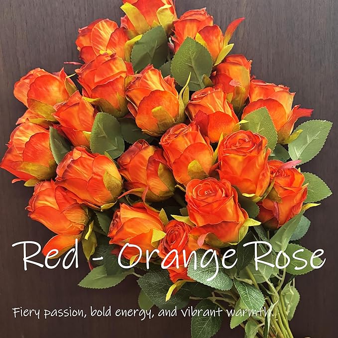 Artificial Roses 10 Pcs - Lifelike Single Stem Fake Roses with Natural Petal Texture,Fade-Resistant Silk Flowers for Wedding Decor,Home Vase Arrangements,Party Centerpieces(10, Red - Orange)