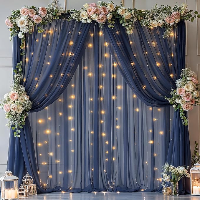 20x10ft Navy Blue Tulle Backdrop Curtain with Lights String for Parites, Sheer Backdrop Curtains for Wedding Baby Shower Birthday Party Photo Shoot Decorations