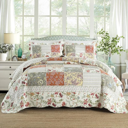 Yvooxny 3-Piece Quilt Set Queen Size Quilted Bedspread Reversible Country Style Floral Real Patchwork Bedding Quilt Set with Ruffles with Pillowcases for All Seasons, 98 * 90 Inches