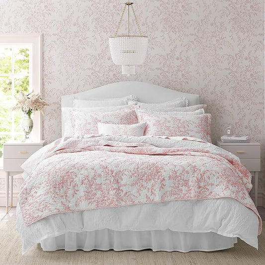 Laura Ashley - Twin Quilt Set, Soft & Reversible Cotton Floral Bedding with a Medium Weight Feel, 2 Piece Bed Set with Matching Pillowcase (Bedford Pink)