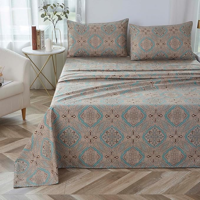 Brandream Paisley Bed Sheets Queen Size Boho Luxury Bedding Bohemian Damask Medallion Sheet Set 800TC Egyptian Cotton Sateen Deep Pocket, 4 Piece, Taupe