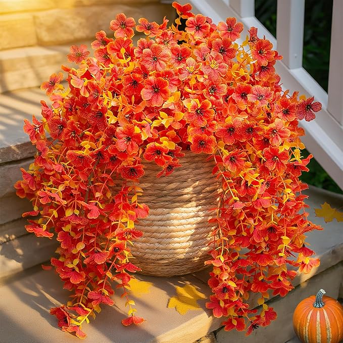 INSPRING Fall Artificial Flowers for Outdoors Fake Silk Flower, 2Pcs Red Orange Daisy Autumn Decor, Realistic Hanging Decoration Plants, UV & Fading Resistant for Porch Patio Balcony Planter