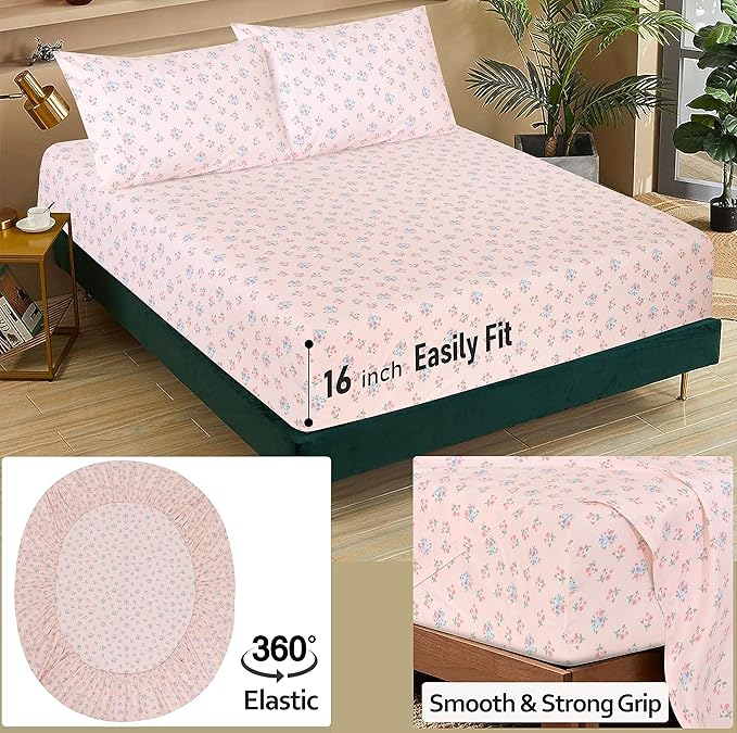 RUVANTI 100% Cotton King Size Sheets Set, 4 Pieces, Soft & Breathable Percale Weave Bedding, Deep Pocket 16", Hotel Standard, Crisp Cool Feel, Durable, Perfect Floral Bed Sheet, Spring On