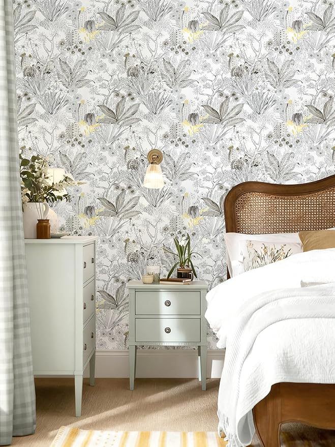 Wudnaye Floral Peel and Stick Wallpaper Vintage Contact Paper 17.7 inch×118.1 inch Gray Flower Wallpapers Self Adhesive Removable White and Black Contact Paper Waterproof for Bathroom Vinyl