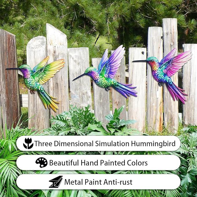 John's Studio 3Pcs Metal Hummingbird Wall Decor Outdoor Garden Hanging Art Sculptures Home Theme Decorations for Kitchen Bathroom and Pool