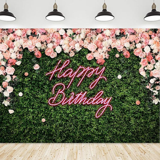 Riyidecor Happy Birthday Backdrop Vinyl for Women Neon Flower Wall Pink Rose Green Leaves Floral Blossom Botanical Plant Nature 10Wx8H Feet Girls Photography Background Birthday Photo Studio Shoot