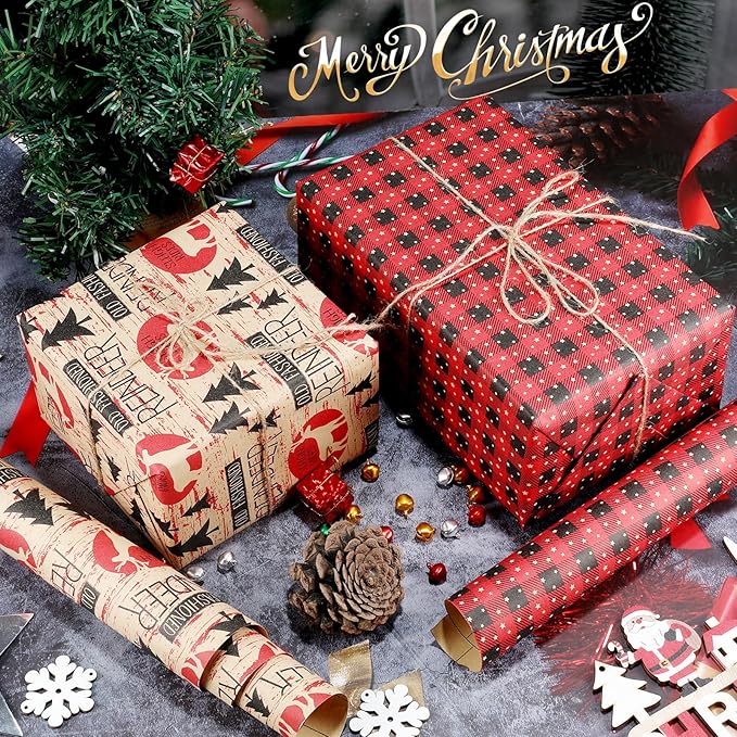 Anvure Christmas Wrapping Paper (4 Rolls: 93 sq. ft total) 17 Inch*16.4 Feet Per Rolls, Xmas Kraft Set Designs with Plaid, Reindeer, Tree, Snowflake & Star Patterns Holiday Wrap for Gift