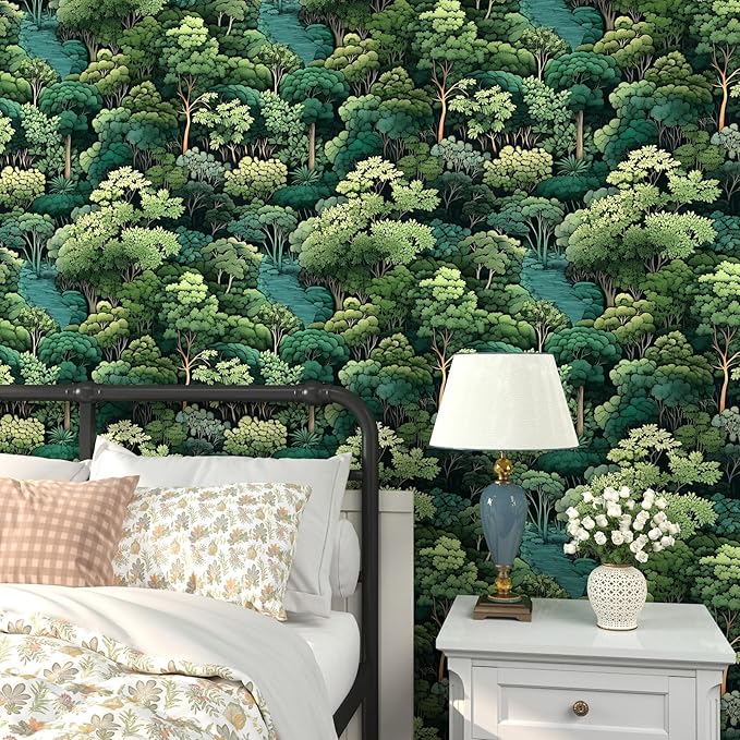 Forest Wallpaper Peel and Stick, Green Trees Contact Paper, Vintage Woodland Mountain Botanical Wall Paper Self Adhesive Waterproof Removable for Room Shelves Cabinet Drawer Table Decor 17.5" x 118"