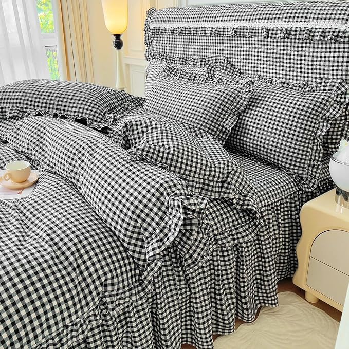 LifeTB Black Gingham Comforter Set King Ruffle Checkered Plaid Comforter Set 3 Pieces Boho Grid Bed Comforter with 2 Pillowcases Fluffy Soft Vintage Checkered Lightweight Gingham Bedding Set King