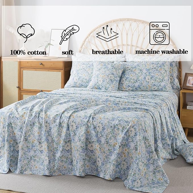 FADFAY 100% Cotton Twin Bed Sheet Set, 4 Piece Blue Yellow Rose Floral Bedding, Soft Breathable Cooling Sheets with Deep Pocket Fitted Sheet, Flat Sheet & 2 Pillowcases, All Season Floral Bedding