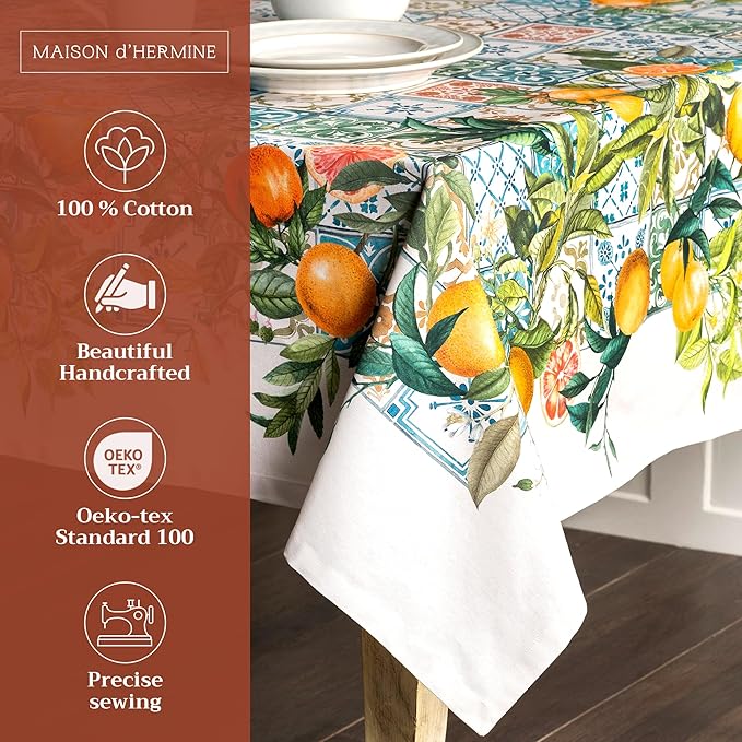 Maison d' Hermine Table Cloth Rectangle Table 100% Cotton 70 x 108 Inches Tablecloth Reusable Decorative Everyday Use for Dining Room, Farmhouse, Home, Party, Festive & Wedding Spring Summer - Agrume