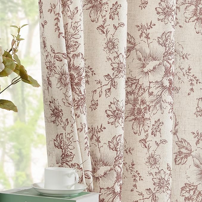 jinchan Linen Blend Curtain Floral Curtains for Living Room 108 Inch Length Christmas Brick Red Printed Curtain Rod Pocket Back Tab Farmhouse Peony Flower Patterned Drapes Curtains Set 2 Panels