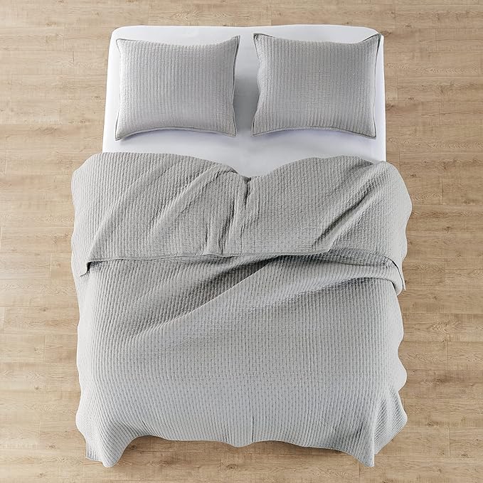 Levtex Home Cross Stitch Reversible Twin Bedspread Set (84x104in) with 1 Pillow Sham (26x20in) - Stitch Texture - Light Grey - Cotton Twin Size Bedspread Set - Lightweight, Soft, Pre-Washed