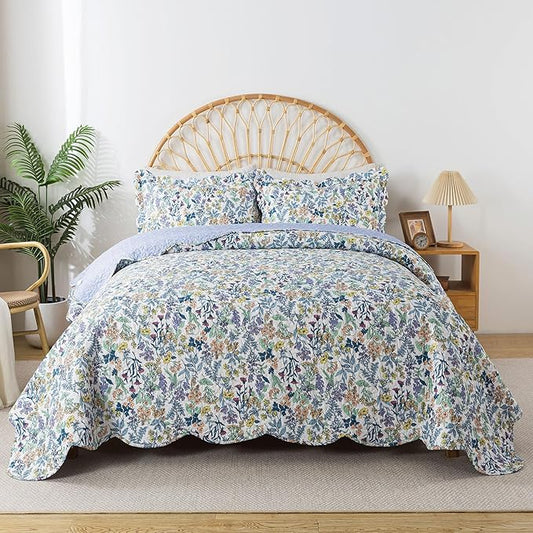 HoneiLife Quilt Sets Queen Size - Floral Quilt 3-Piece,Botanical Bedspreads Wildflower Coverlets for Queen Bed,Microfiber Bed Cover, Queen Quilt Bedding Set All Season Quilts-Variety