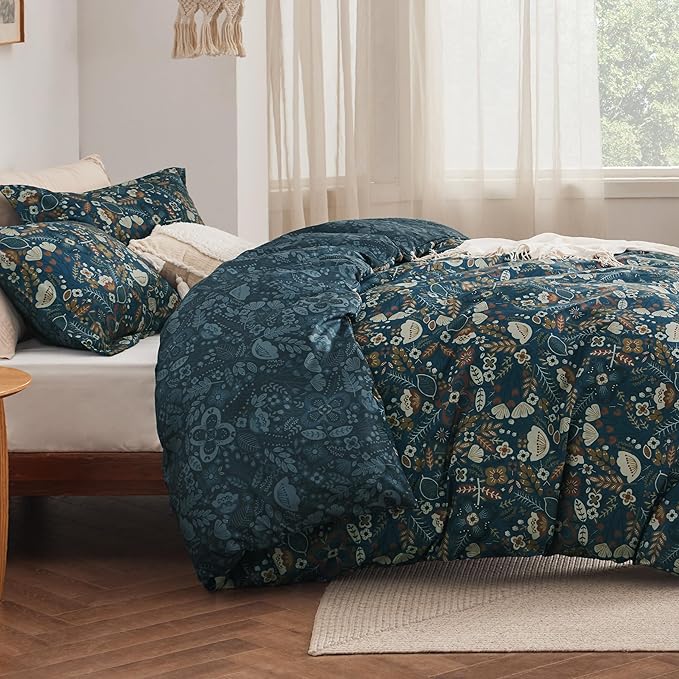 Bedsure Duvet Cover Queen Size - Reversible Floral Duvet Cover Set with Zipper Closure, 3 Pieces Navy Blue Bedding Set with 8 Corner Ties and 2 Pillow Shams 20"x26"