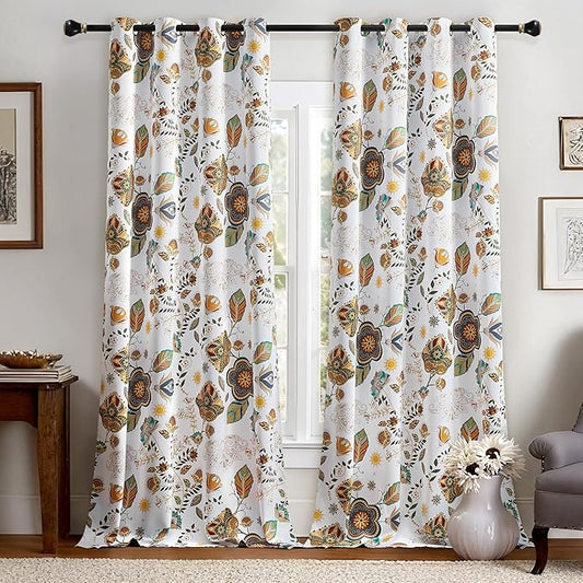 XiDi Vintage Floral Patterned Blackout Curtains 102 Inches Long 2 Panels for Bedroom Living Room Thermal Insulated Luxury Colorful Curtains Botanical Leaf Printed Design Grommet Drapes White 52x102