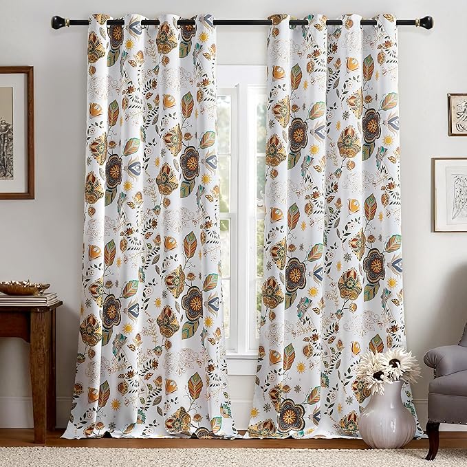 XiDi Extra Long Blackout Floral Curtains 108 Inches Long 2 Panels for Bedroom Living Room Thermal Insulated Luxury Colorful Curtains Vintage Patterned Botanical Printed Grommet Drapes White 52x108