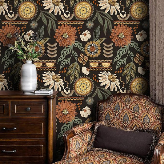 JiffDiff Boho Wallpaper Peel and Stick 17.3" x 400" Vintage Sun Floral Retro Removable Contact Paper Dark Botanical Flowers Bathroom Bedroom Renter Friendly Wall Mural