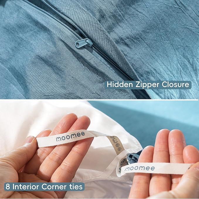 MooMee Bedding Duvet Cover Set 100% Washed Cotton Linen Like Textured Breathable Durable Soft Comfy (Heathered Peacock Blue, Super Queen 90"x98")