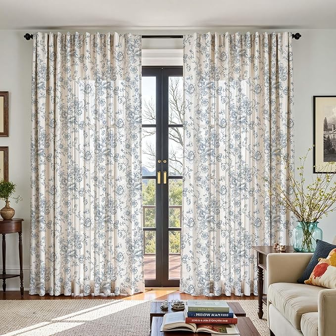 jinchan Linen Floral Curtains Extra Wide for Patio Sliding Glass Door Room Divider Curtain for Living Room 84 Inch Length Farmhouse Peony Blue Printed Curtain Set 1 Panel
