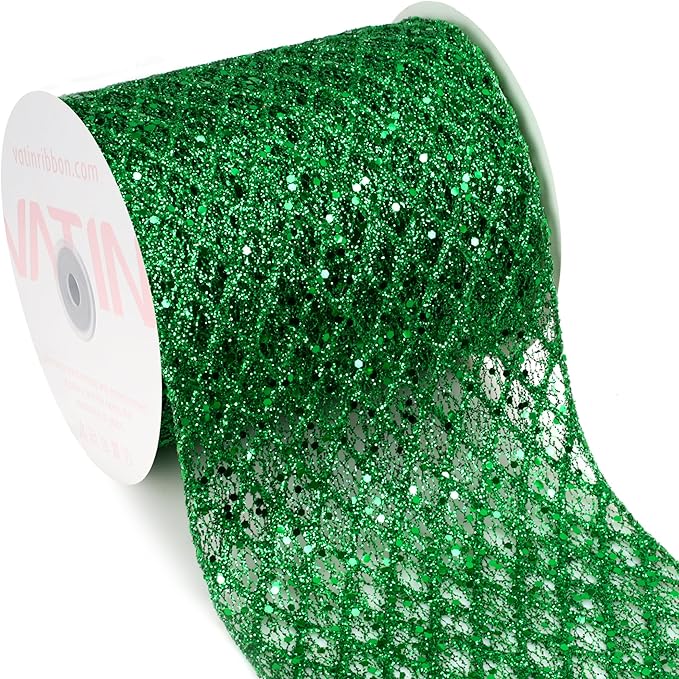 VATIN 6" Green Christmas Ribbon, Green Glitter Mesh Diamond Web Sequin Dots Wired Christmas Ribbon for Gift Wrapping Bow Making Wreath Supply-10 Yards