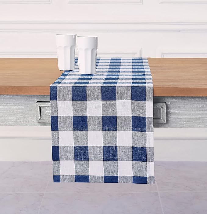 Solino Home Linen Checkered Table Runner 108 Inches Long - 100% Pure Linen Blue and White Buffalo Check Table Runner 14 x 108 Inch Ideal for Dining, Winter, Spring, Easter