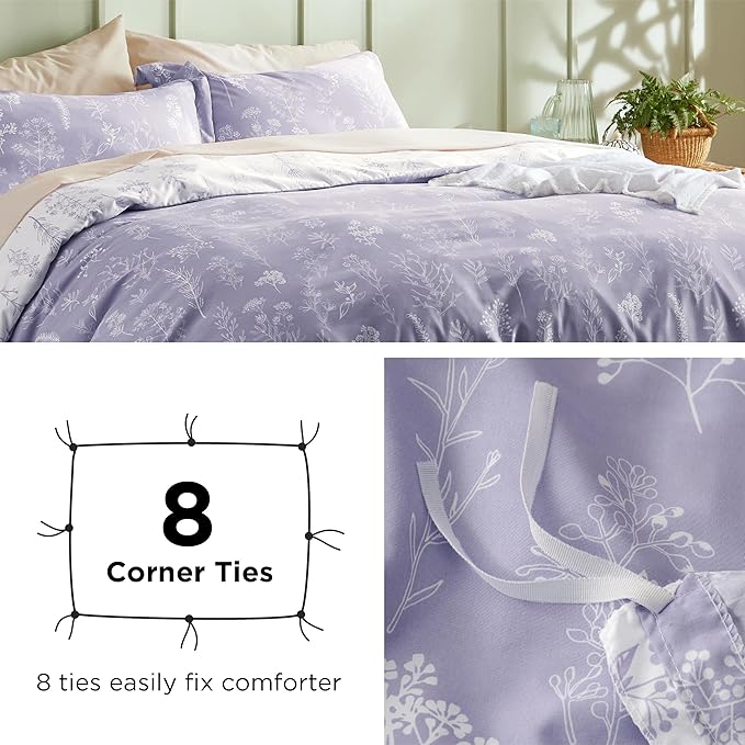 Bedsure Duvet Cover King Size - Reversible Lilac Purple King Duvet Cover Set with Zipper Closure, 3 Pieces Floral Patterned Bedding Set with 8 Corner Ties and 2 Pillow Shams