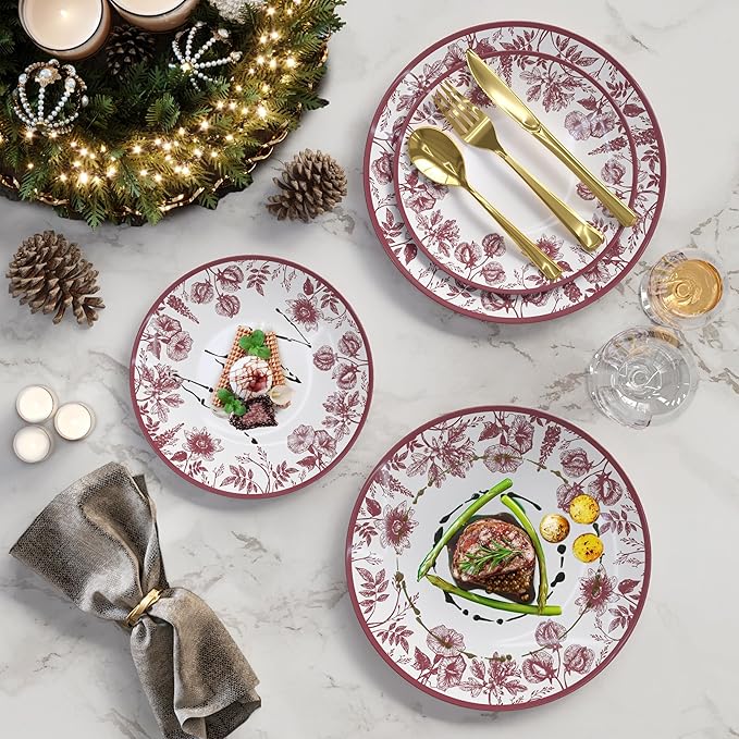 Trendables Plastic Plates For Party Supplies, Floral Disposable Plates For Party & Weddings 200 Pcs - 100 x 8 Dessert Plates & 100 x 10 Plastic Dinner Plates, Plate Set Disposable Dinnerware Sets