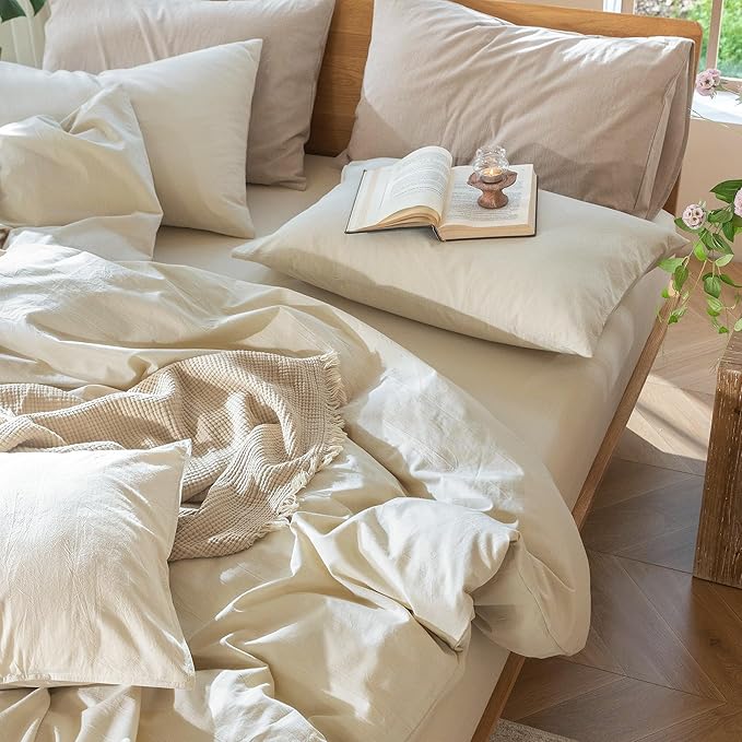 MooMee Bedding Duvet Cover Set 100% Washed Cotton Linen Like Textured Breathable Durable Soft Comfy (Heathered Almond Milk Grey, Twin 68"x90")