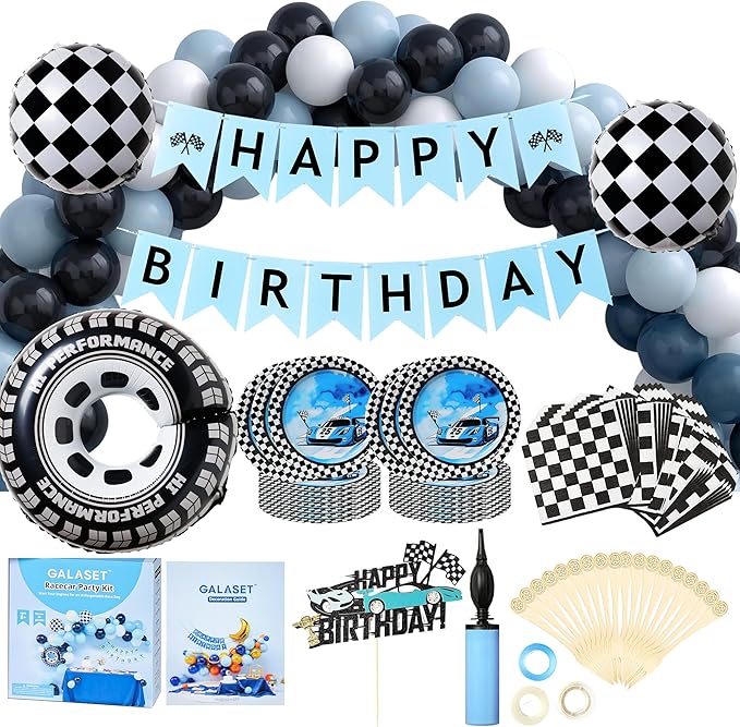127 PCS Racecar Birthday Decorations – F1 Birthday Decorations Includes Race Car Balloon Arch Kit, Pump, Cake Topper, Paper Plates, Napkins, Forks, and Banner, for Boys & Men, Serves 20