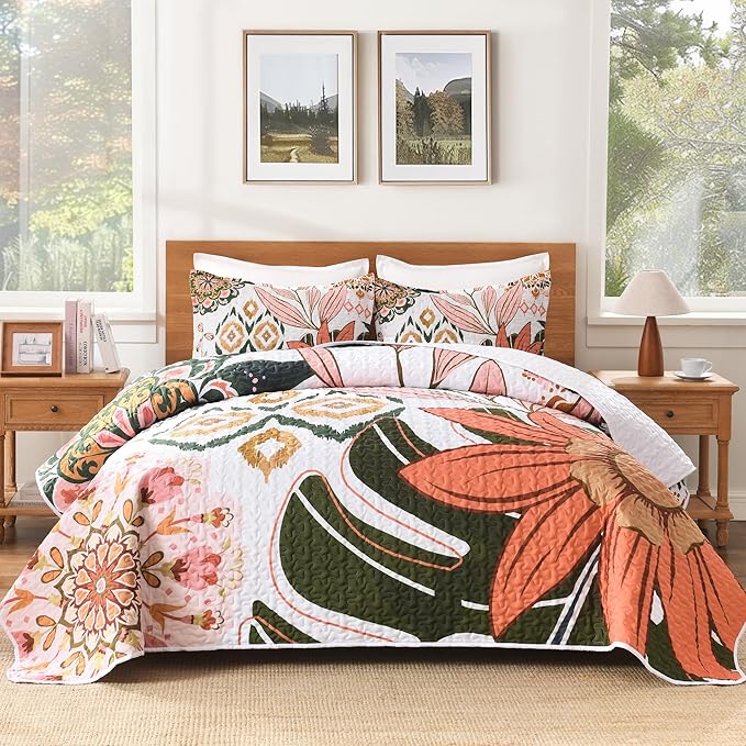 Andency Floral Boho Quilt Super King Plus Size Bedding Set Pink, 3 Pieces Farmhouse Flower Botanical Summer Bedspreads with 2 Shams, Soft Reversible Microfiber Coverlet Set for All Season, 128"x120"