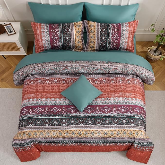 Cottolester Boho Queen Comforter Set 8 Pieces,Orange and Green Bohemian Striped Bed in a Bag,Paisley Soft Microfiber Bedding Comforter Set