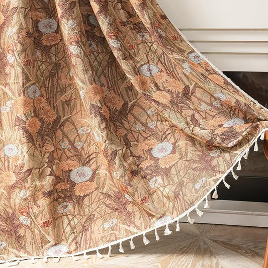 ENJOYBRIDAL Dandelion Curtains 63 Inches Long Bedroom Boho Drapes Short Semi Sheer Jacquard Rod Pocket Window Curtain Panels Vintage Living Room 2 Panels Decorative Tassel Farmhouse Window Treatments