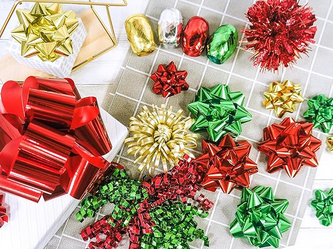 CT CRAFT LLC Gift Bows 22 PCS Set Multi Colored Assorted - Bow x 18 pcs + Kegg Roll x 4 pcs - Red/Gold/Green, Holiday Christmas Birthday Party Wrapping