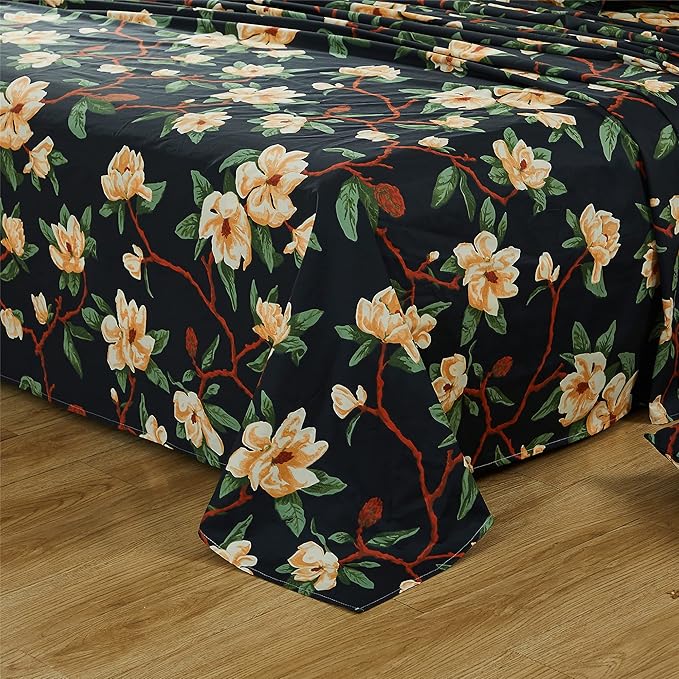 FADFAY Sheets Set Twin Shabby Black and Yellow Floral Bedding Elegant Peony Sheets Set Vintage Farmhouse Bedding Soft 100% Egyptian Cotton 800 Thread Count Deep Pocket Fitted Sheet, 4Pcs-Twin Size
