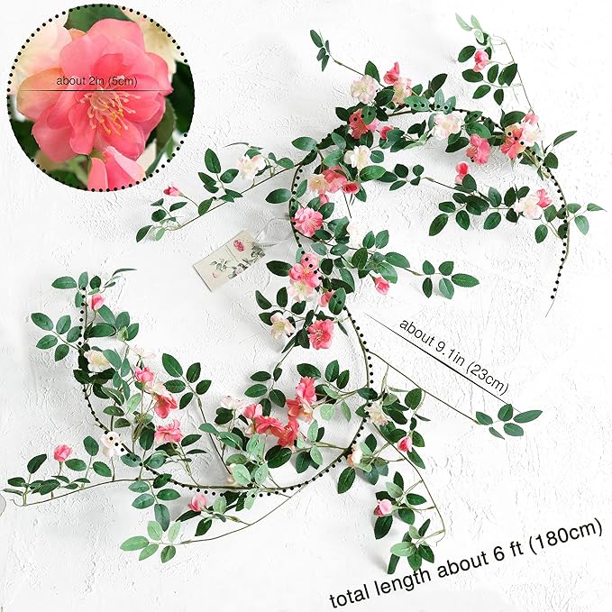 FiveSeasonStuff Bendable Posh Pink Flower Garlands, Artificial Silk Wild Roses Vine Leaves Hanging Flowers for Wall Decoration Basket Trellis Wedding Home 2 Pack 12 ft