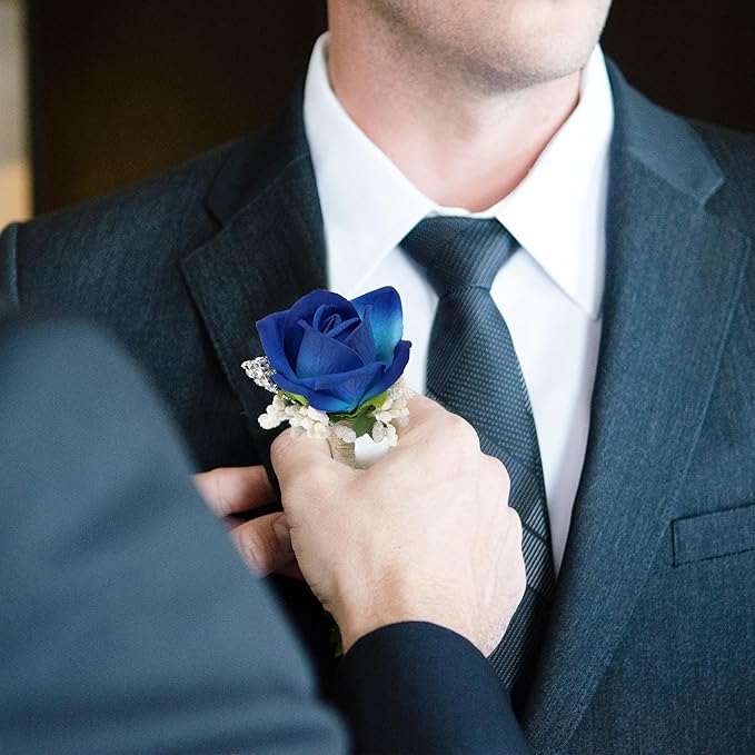 SITUMEIZI 2Pcs Blue Corsage and Boutonniere Set,Corsage Wristlet for Prom Decor,Boutonniere for Men Wedding Flowers Accessories Party Suit Decoration(Athens Blue)